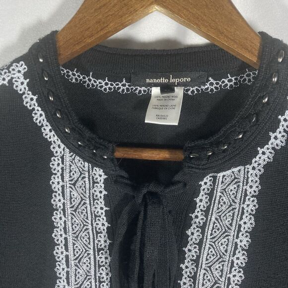 NANETTE LEPORE black white floral embroidery merino wool long sleeve dress XS - Picture 3 of 15